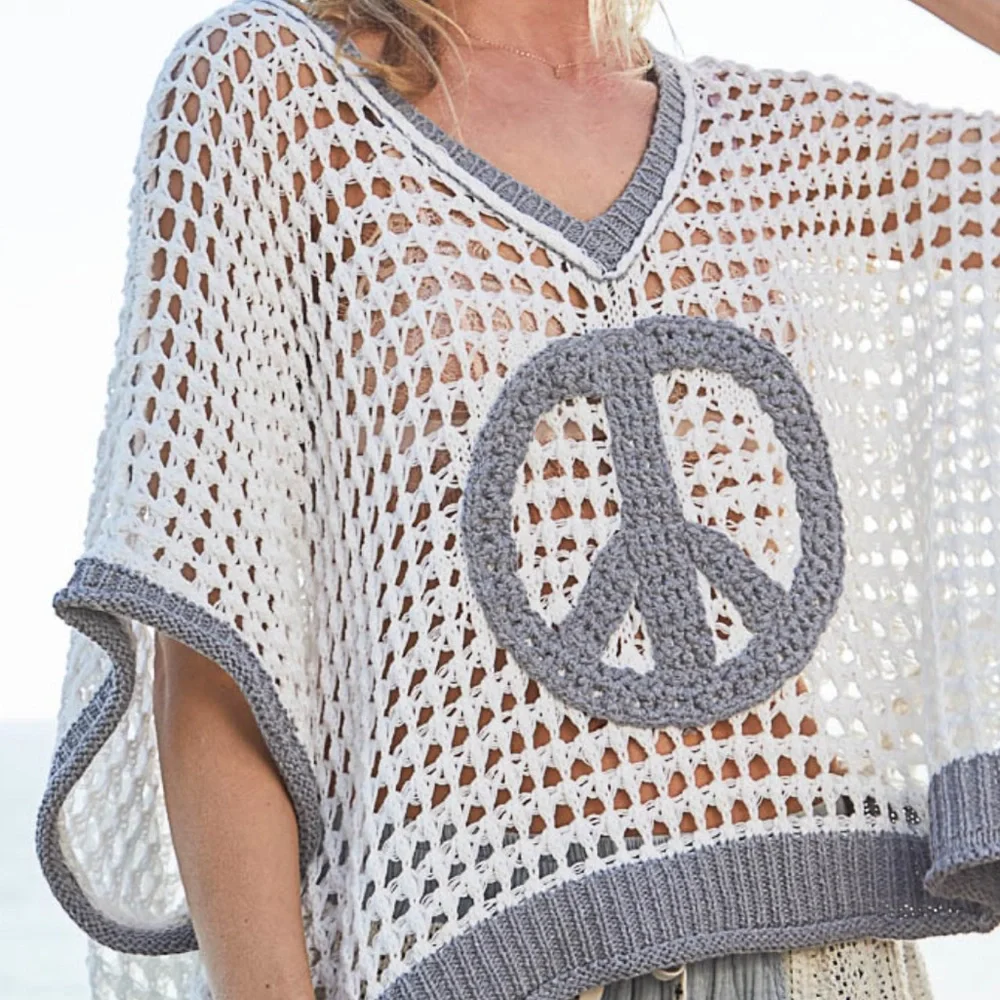517. Last 1! CLEARANCE POL V neck grey white oversized peace crochet sweater - Picture 4 of 5